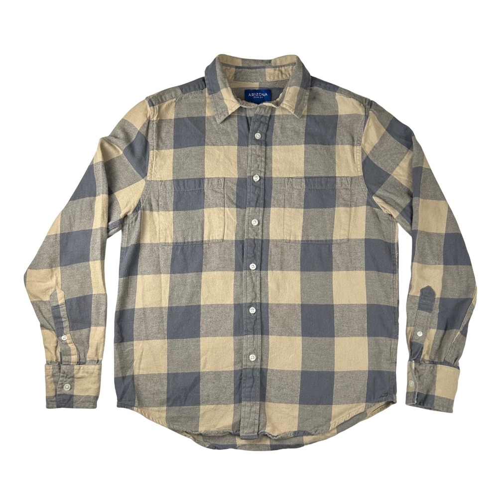 Arizona Jean Co Mens Small Tan Gray Buffalo Plaid Flannel Button Down Shirt S
